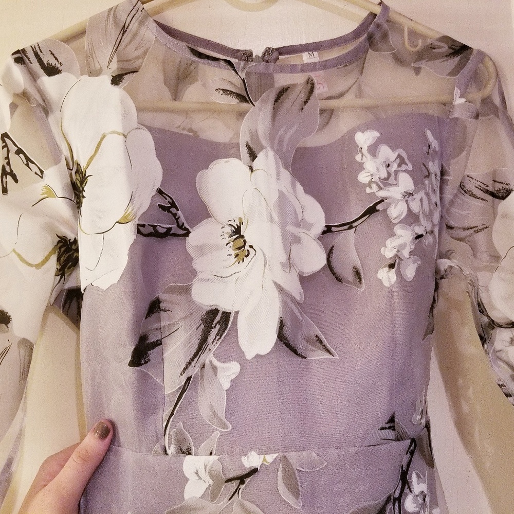 NWOT silver/grey & white floral sheer sleeve dress